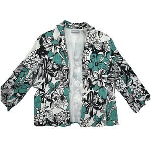 Alfred Dunner Blazer Black Turquoise White Open Lined Jacket Coat Size 12 P